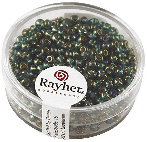 Rayher Perles rocaille bicolores, argenté-vert émeraude, 1 boite, 17g, ø 2,6mm, en verre, brillant, reflets arc-en-ciel, arts créatifs, bijoux, tissage, broderie-14384429