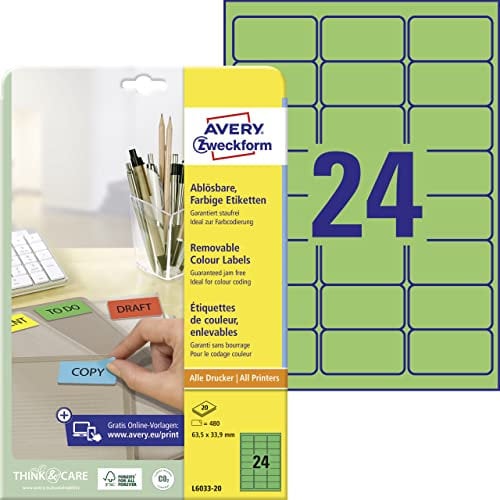 AVERY Zweckform L6033-20 Grüne Etiketten (480 Aufkleber, 63,5x33,9mm auf A4, wieder rückstandsfrei ablösbar, selbstklebende Farbetiketten, Papier matt, bedruckbare, farbige Klebeetiketten) 20 Blatt