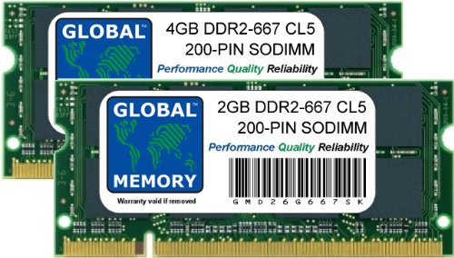 GLOBAL MEMORY 6 GB (4GB + 2 GB) DDR2 667 MHz PC2–5300 200-PIN SODIMM ARBEITSSPEICHER KIT FÜR MacBook (Ende 2007 – Anfang/Ende 2008 – Anfang 2009) & MacBook Pro (Mitte/Ende 2007 – Anfang 2008)