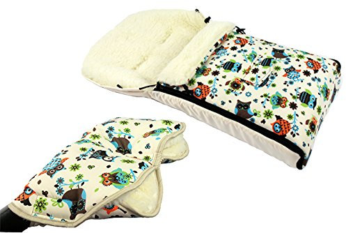 BAMBINIWELT KOMBI-ANGEBOT Muff/Handwärmer + universaler Winterfußsack (108cm), auch geeignet für Babyschale, Kinderwagen, Buggy, aus Wolle im Eulendesign (Motiv $4)