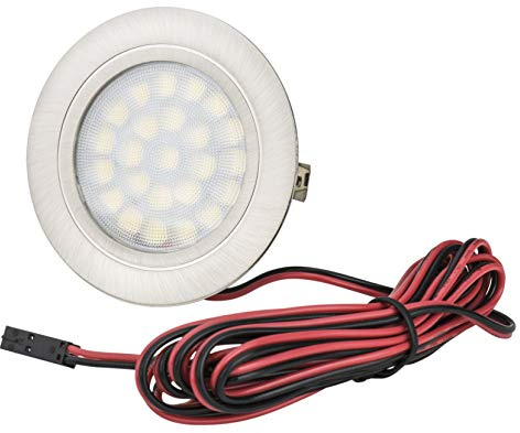 JungesLicht LED Möbeleinbauleuchte 65mm Edelstahloptik, 2W 200lm, 12V DC kaltweiß 6000K, flach 12mm, für 54–58mm Bohrlöcher, 1,8m Kabel mit MINI-AMP, für Möbel, Wohnwagen & Wohnmobile