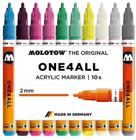 Molotow One4All 127HS Acryl Marker Basic-Set 3 (2,0 mm Strichstärke, hochdeckend und permanent, UV-beständig, für fast alle Untergründe) 10 Stück sortiert