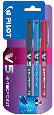 Pilot V5 Liquid Ink Rollerball 0.5 mm Tip (Pack of 3) - Black/Blue/Red