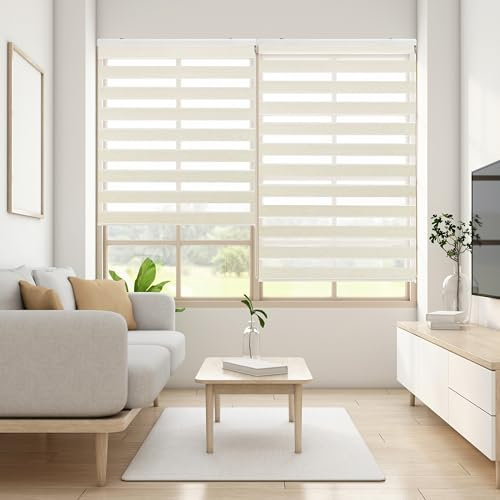 Blindecor Lira doppelrollo - duo rollo tag und nacht Leinen Cremefarben - 160 x 250 cm (Breite x Länge) | Stoffgröße 157 x 245 cm | Fensterrollo zebra