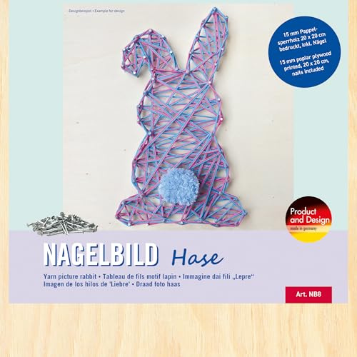 Pebaro NB8 Nagelbild Kreativ Set, Bastelset, Fadenbild, Fadenspannbild, String Art, mit vorgedrucktem Motiv Hase, inkl. Nägel, Basteln mit Holz, kreative Geschenkidee, Dekoartikel, 20 x 20 cm
