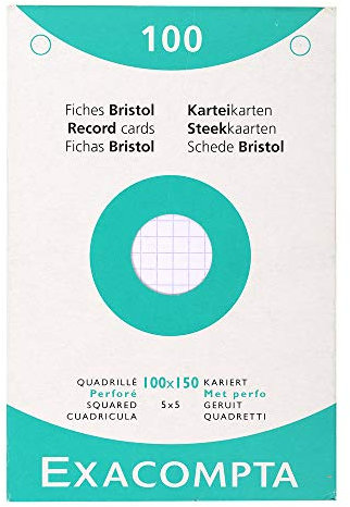 EXACOMPTA Étui de 100 fiches bristol quadrillé 5x5 perforé 100x150mm Blanc