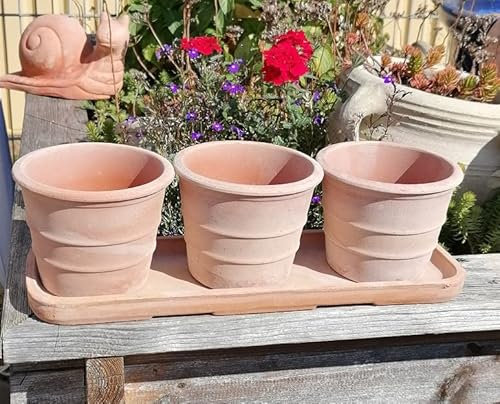 Italienisches 3 er Set Blumentöpfe mit Untersetzer echt Terrakotta, Blumenkübel Blumentopf für Garten Wohnung Terracotta Mediterran Landhaus Kräutertopf Kakteen