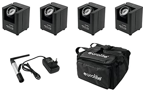 EUROLITE Set 4x AKKU UP-1 + SB-4 Soft-Bag + QuickDMX Funksender | 4x LED Uplight mit schwarzem Softbag und kompaktem DMX-Funksender