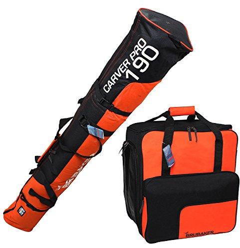 BRUBAKER Kombi Set Skisack und Skischuhtasche für 1 Paar Ski bis 190 cm + Stöcke + Schuhe + Helm Orange Schwarz