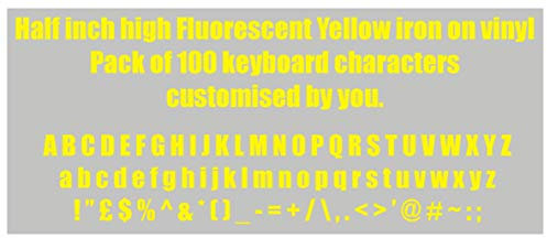 Half inch high Fluorescent Yellow iron on Vinyl. Pack of 100 keyboard characters made up of Letters, numbers or any other keyboard symbol