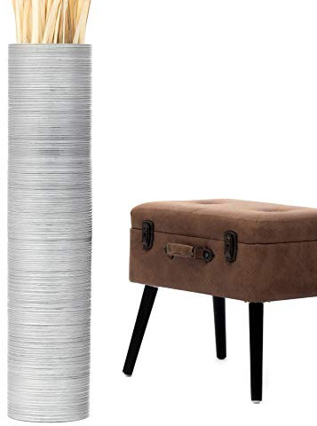 Leewadee Große Deko Bodenvase Für Dekozweige, Hohe Standvase Für Pampasgras, Design Holzvase, 90 cm, Silber
