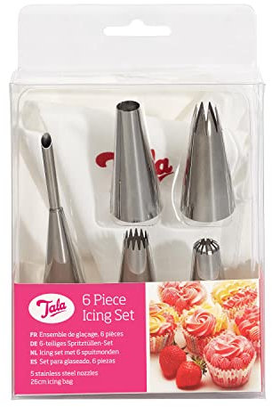 Tala Spritzbeutel Set 6-teilig – Mit 5 Edelstahl Tüllen und Wiederverwendbarem Beutel für Tortendekoration, Gebäck und Feine Speisen