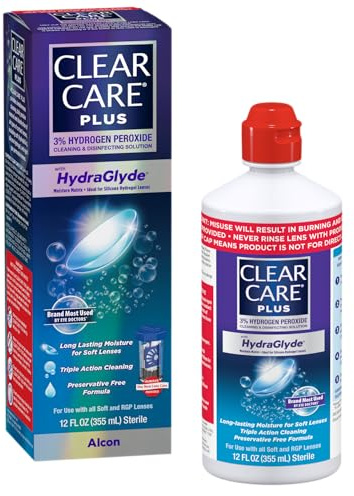 CLEAR CARE PLUS Cleaning & Disinfecting Contact Lens Solution (12 oz, Pack of 1), HydraGlyde Moisture Matrix, For Soft & RGP Lenses, Preservative-Free, Included Lens Case, Deep Cleaning Action