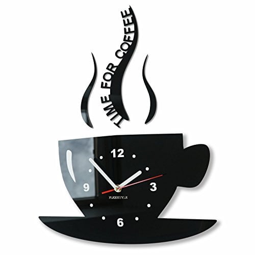 FLEXISTYLE Tasse Zeit für Kaffee Moderne Küche Wanduhr, schwarz, 3D römisch, wanduhr deko, 32 x 19 cm