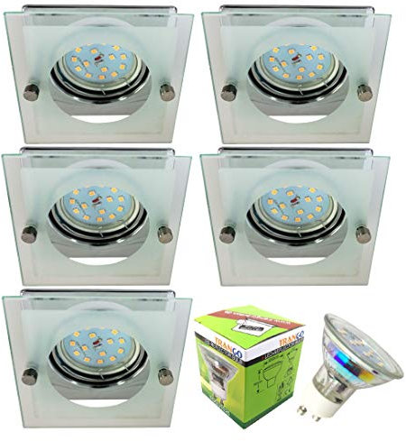 Trango 5er Set Design LED Einbauleuchte Strahler Deckenstrahler Einbaustrahler 6733S-058B mit Deko-Glas in chrom eckig inklusive 5x GU10 LED Leuchtmittel