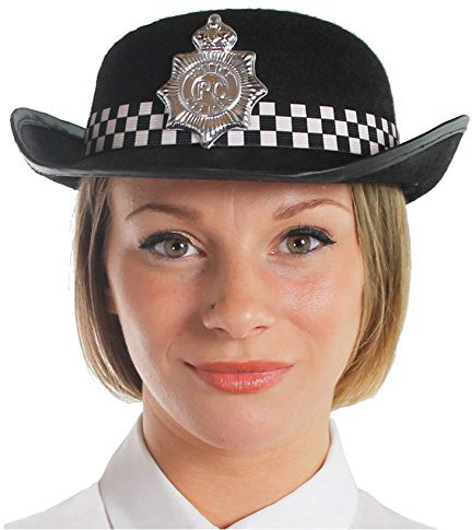 Schwarze/rosafarbene Damen-Polizistenkappe mit Polizei-Marke (GB), ideales Zubehör für die Kostümparty, Karneval