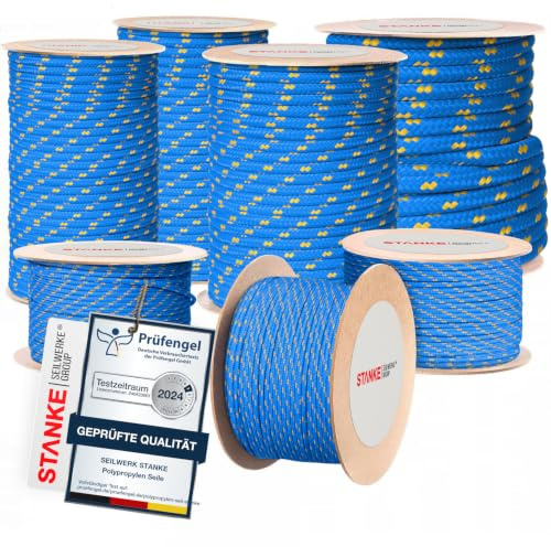 Seilwerk STANKE Polypropylenseil 10mm 100m Blau mit gelben Akzenten - Tomatenpflanzen Aufhängeseil - Seil für Landwirtschaft, Gartenbau - Reißfeste Bauschnur, Reepschnur