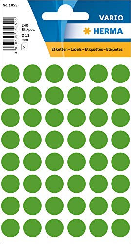 HERMA 1855 Punktaufkleber Klebepunkte grün, 240 Stück, Ø 13 mm, 48 pro Bogen, selbstklebend, Markierungspunkte für Kalender Planer Basteln, matt, blanko Papier Farbpunkte Etiketten Aufkleber