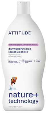 ATTITUDE Detersivo liquido per piatti, verificato EWG, sapone per piatti vegano, a base vegetale, prodotti di derivazione naturale, oliva e coriandolo, 700 ml