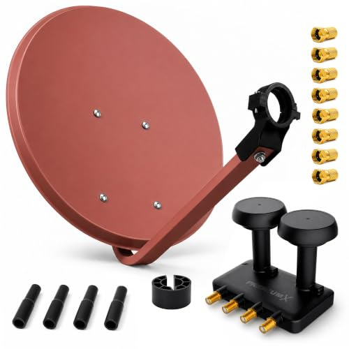 PremiumX Satelliten-Komplettanlage 80cm Satellitenschüssel Ziegelrot Quad LNB Monoblock Astra Hotbird, 2 SAT bis 4 Teilnehmer