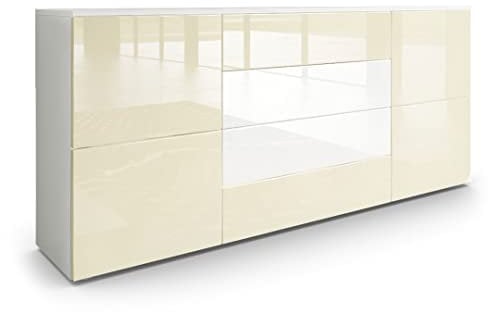 Vladon Sideboard Rova, Made in Germany, Kommode mit 4 Türen und 4 Schubladen, Weiß matt/Creme Hochglanz/Weiß Hochglanz (166 x 72 x 35 cm)