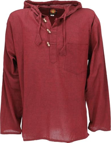 GURU SHOP Nepal Hemd, Goa Hippie Sweatshirt, Yogashirt, Schlupfhemd, Olive | Baumwolle, langärmlig, Kapuze, seitliche Eingriffstasche, Brusttasche, normaler Schnitt, bequem
