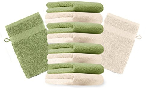 Betz 10 Stück Waschhandschuhe Premium 100% Baumwolle Waschlappen Set 16x21 cm Farbe beige und apfelgrün