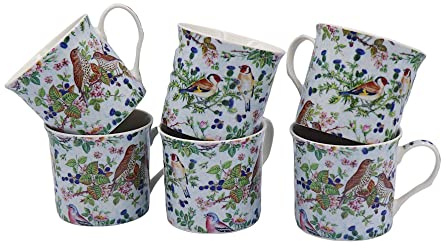 Set of 6 China British Birds on Blue Palace Mugs