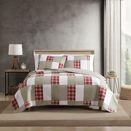Eddie Bauer Wendbare und leichte Tagesdecke aus 100% Baumwolle mit passenden Kissenbezügen, 3-teiliges Bettwäsche-Set, vorgewaschen für zusätzlichen Komfort, Camano Island Red, Queen
