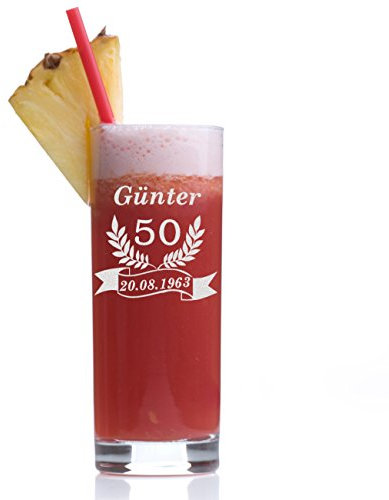 Wasserglas Longdrinkglas mit Gravur - Saftglas Barglas personalisiert mit einem Jubiläums-Motiv - Geschenk-Idee zum Geburtstag - Cocktail-Glas 485 ml