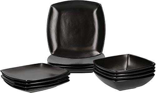 Creative Tops Rabe Schwarz 12-teiliges Geschirr Set, modernes Tafelservice, quadratisches Teller Set und Schüsseln, Schwarz Keramik, Service für 4