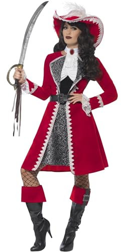 Smiffys Authentisches Lady Kapitän Kostüm Deluxe, Rot, mit Kleid, Jacke, Krawatte Stiefelüberziehern