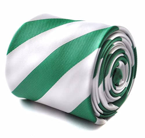 Frederick Thomas Green and White Barber Striped Tie with Rear Signature Floral Design, Ideal for Office, Weddings, Formal Events or Dinner Parties, Classic 8cm Width