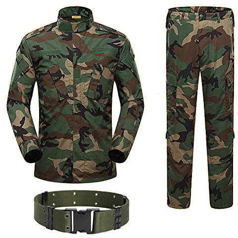 H World Shopping Militärischer taktischer Herren-Anzug für Jagd, Kampf, BDU, Uniform, Hemd und Hose, mit Gürtel, Wald-Tarnmuster, Woodlang / Camouflage, XXL