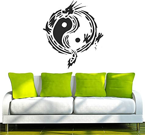 INDIGOS UG - Wandtattoo Wohnzimmer - Wandaufkleber Drache Jing Jang China Japan 120x106, schwarz w006 Drachen - Aufkleber Kinderzimmer Schlafzimmer Küche Badezimmer Büro Dekoration