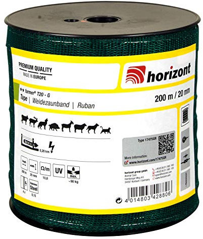horizont Weidezaunband farmer T20-G, 200 m lang, 20 mm breit, Breitband Litze, Weidezaun Strom, Elektrozaun, für kurze Zäune, 90 kg Bruchlast, Band, Litze Weidezaun