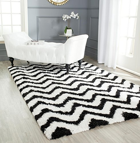 SAFAVIEH Barcelona Shag Collection Area Rug - 5' x 8', Ivory & Black, Handmade Chevron, 1.75-inch Thick Ideal for High Traffic Areas in Living Room, Bedroom (BSG320C)