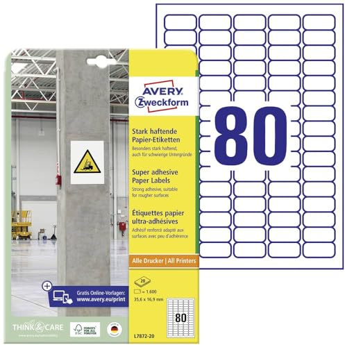 AVERY Zweckform L7872-20 Stark Haftende Etiketten (1.600 Aufkleber, 35,6x16,9mm Auf A4, Extrem Stark Selbstklebend, Auch Für Schwierige Oberflächen, Bedruckbare Power Klebeetiketten) 20 Blatt, Weiß