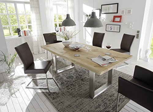 Holzwerk Esstisch Wildeiche Natur Vollmassiv Tischplatte 240x100 Edelstahl mit Baumkante
