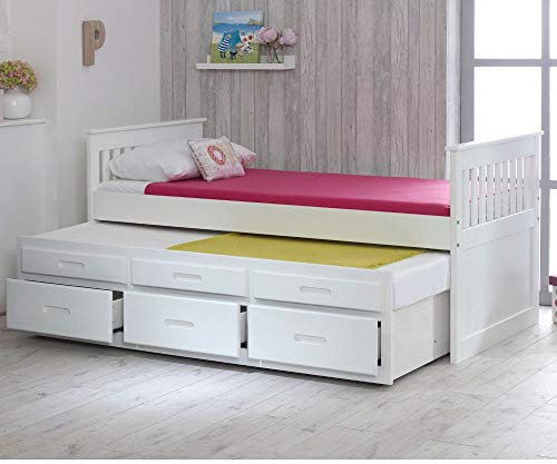 Happy Beds Captains Wooden White Pine Guest Bed Drawers Furniture with 2x Deluxe Memory Foam Mattresses 3' Single 90 x 190 cm