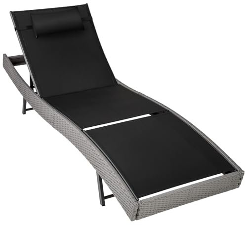 TecTake® Lettino Prendisole da Giardino in Rattan, Lettino Sdraio con Schienale Regolabile in 5 Posizioni, Lettino Giardino Antiscivolo, Alta Stabilità, Poggiatesta Incluso - Grigio