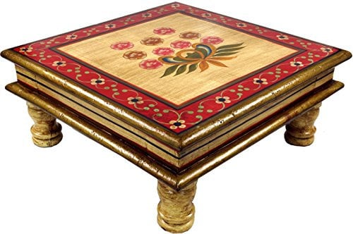 GURU SHOP Bemalter Kleiner Tisch, Minitisch, Blumenbank - Blümchen Gelb/rot, 16x38x38 cm, Kaffeetische & Bodentische
