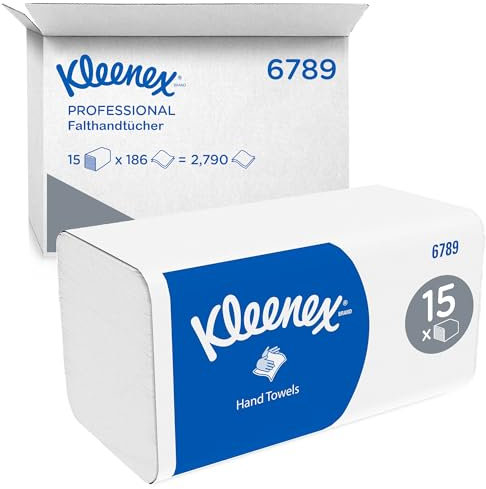 Kleenex Papierhandtücher mit Interfold Faltung 6789, 2-lagige Papiertücher mit V-Falz, mit Airflex Technologie und FSC-Papier, 15 Packungen x 186 Handtücher (insg. 2.790 Falthandtücher)