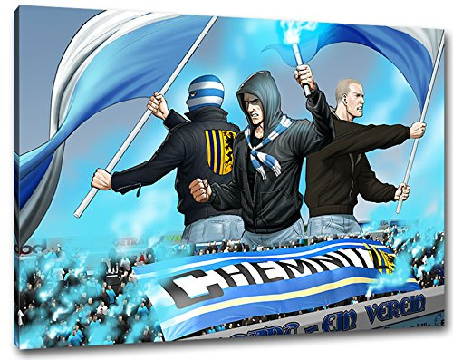 Ultras-Art Chemnitz Fans mit Flaggen Format: 100x70, Bild auf Leinwand XL, fertig gerahmt