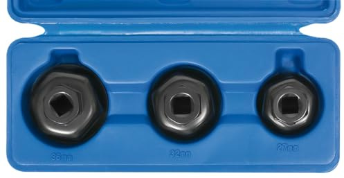 SW-Stahl 08440L Ölfilter-Kappen-Satz, 3-tlg, 3/8 Zoll, 27-32-36 mm | Sechskant-Steckschlüssel für Ölfilterdeckel - Passend für Mercedes, Ford, Opel, VW und Audi - Profi-Werkzeug in Kassette