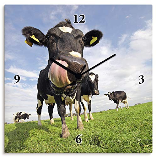ARTLAND Wanduhr ohne Tickgeräusche Alu Quarzuhr 30x30 cm Quadratisch Lautlos Tiere Kuh Lustig Ländlich Hipster Originell T5WJ