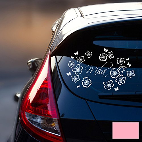 ilka parey wandtattoo-welt® Autotattoo Heckscheibenaufkleber Aufkleber Sticker Namen mit Blumen und Schmetterlingen M1940 ausgewählte Farbe: *rosa* ausgewählte Größe: *M - 35cm breit x 22cm hoch*