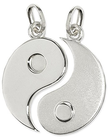 CLEVER SCHMUCK 2 Silberne geteilte Yin Yang Partner Anhänger Ø 20 mm Sterling Silber 925 für Freunde Eheleute Verliebte im Schmucketui creme