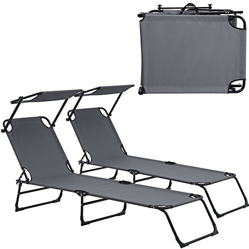casa.pro Set de 2 Tumbonas de Playa Plegables Lomeda con Parasol Conjunto de Tumbonas de Jardín y Piscina con Toldo Reclinable Muebles de Jardín Exterior Acero 187 x 53 x 27 cm - Gris Oscuro