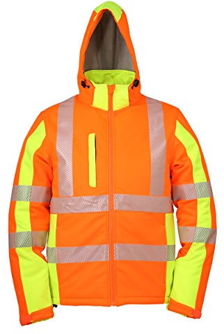 Warnschutz-Softshelljacke Winter, warm gefüttert, abnehmbare Kapuze (XXL, Warnorange/Neongelb) winddicht, wasserabweisend, atmungsaktiv, mit Reflexstreifen, Warnschutzjacke Softshell Arbeitsjacke